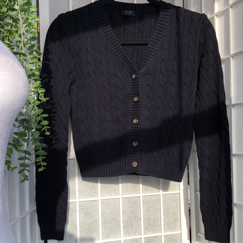 John Halt Navy Blue Cable Knit V-Neck Button Sweater, Small. - Picture 10 of 10